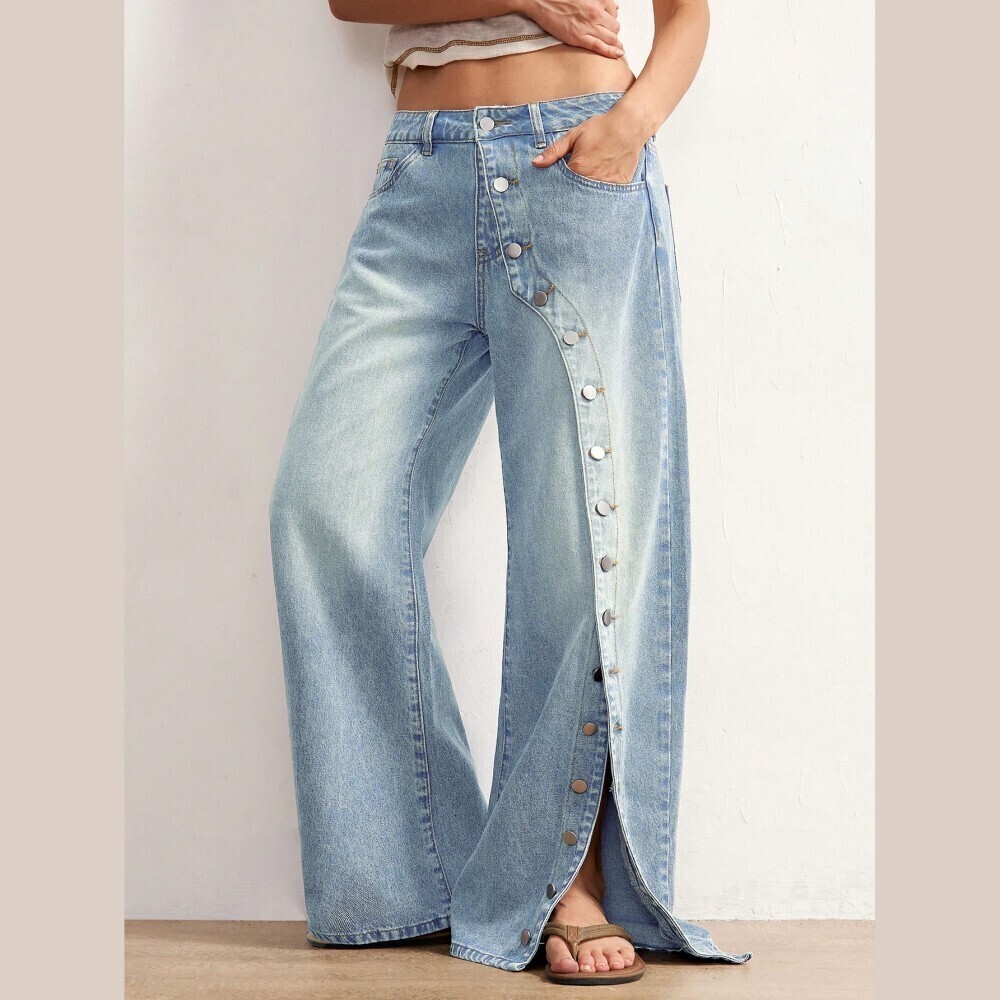 Light Wash Denim Wide Leg Jeans with Button Side Slit